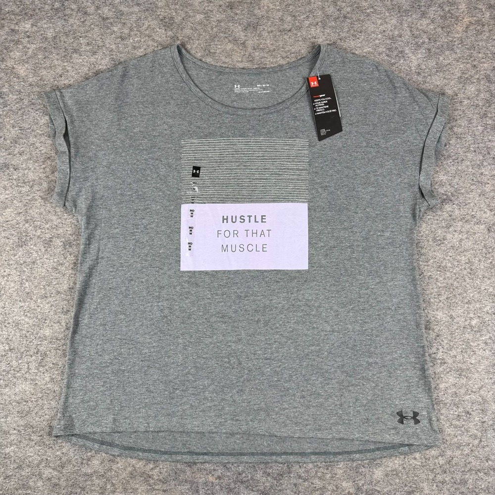 Under Armour HeatGear T-Shirt Loose Hustle For That Muscle Gray Womens Medium M